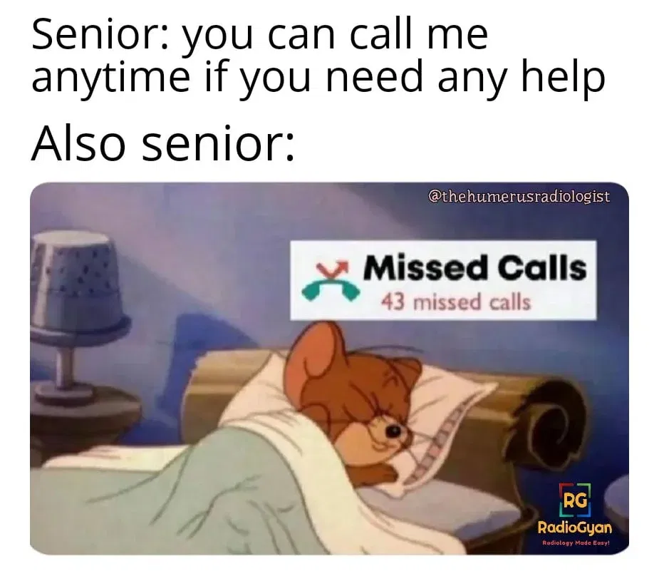 A funny meme depicting a senior radiology resident seemingly sleeping as the junior resident calls them for a case review during an overnight shift.